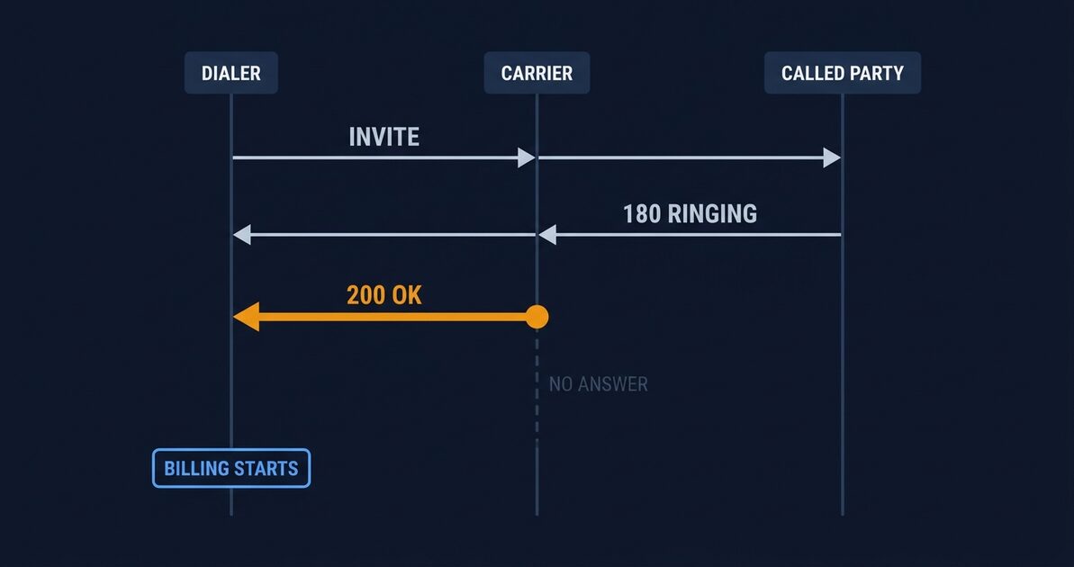 A SIP signalling ladder diagram with three vertical lifelines labelled DIALER on the left, CARRIER in the middle, and CALLED PARTY on the right, showing where carrier false answer supervision occurs. An INVITE travels left to right from the dialer through the carrier toward the called party, and a 180 Ringing provisional response comes back. Then, highlighted in amber, a 200 OK originates at the CARRIER lifeline itself and travels left to the dialer, rather than coming from the called party. The portion of the ladder between the carrier and the called party after that point is drawn as a faint dashed line marked NO ANSWER, showing that the far end never picked up. A small box at the dialer marks that billing and call state begin on receipt of the 200 OK. The point of the diagram is that the answer indication is generated inside the network, so the dialer believes it has a live connection while there is no human and no answering machine on the line, and any audio that follows is silence, an intercept tone, or a recorded network message. No statistics appear in the image.